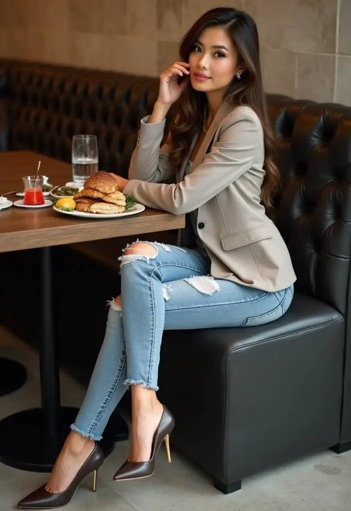 25 Denim And Diamonds Outfit Ideas That Feel Effortless - 11. Ripped Jeans with Chic Blazer
