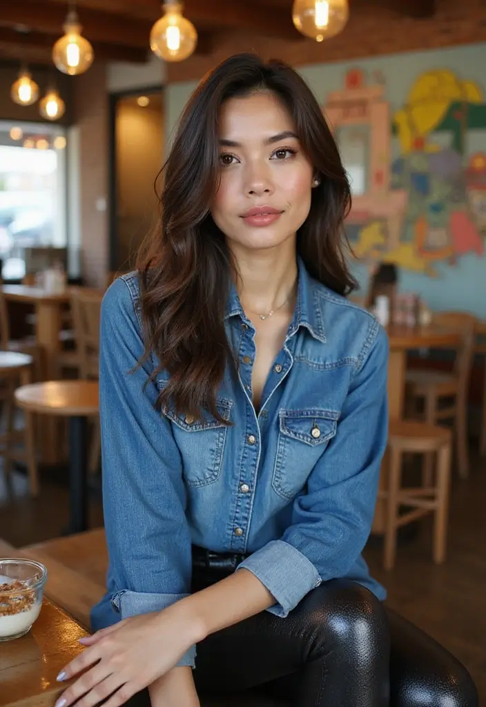 25 Denim And Diamonds Outfit Ideas That Feel Effortless - 14. Denim Tunic with Shiny Leggings