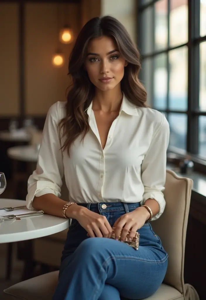 25 Denim And Diamonds Outfit Ideas That Feel Effortless - 9. Tailored Denim Trousers with Elegant Blouse