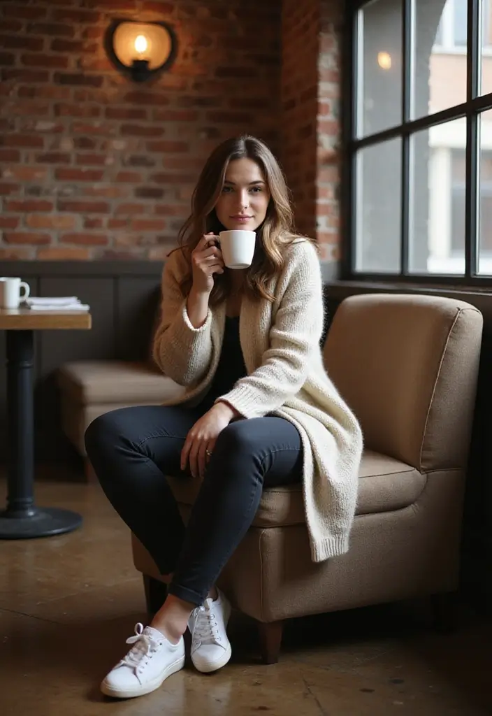 25 Outfit Formal Con Tenis Mujer Looks That Will Upgrade Your Wardrobe - 13. Classic Cardigans with Sleek Sneakers