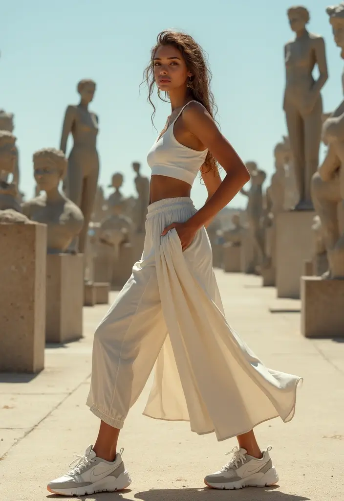 25 Outfit Formal Con Tenis Mujer Looks That Will Upgrade Your Wardrobe - 14. Elegant Culottes with Trendy Sneakers