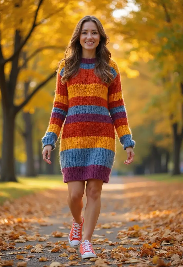 25 Outfit Formal Con Tenis Mujer Looks That Will Upgrade Your Wardrobe - 15. Colorful Sweater Dress with Sneakers