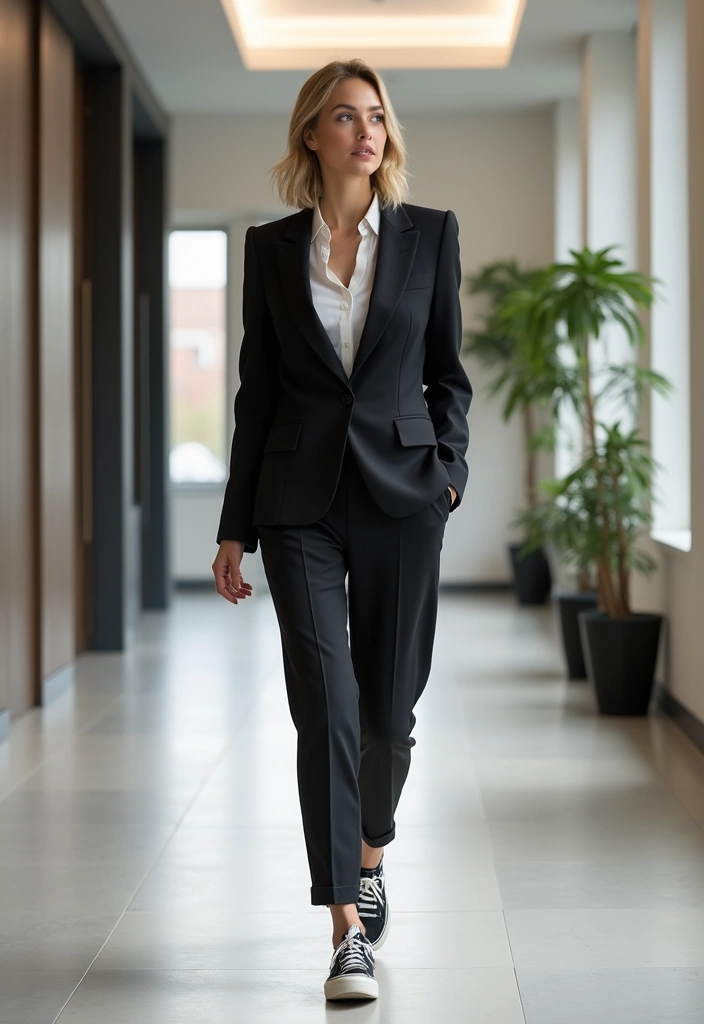 25 Outfit Formal Con Tenis Mujer Looks That Will Upgrade Your Wardrobe - 16. Contemporary Suits with Sneakers