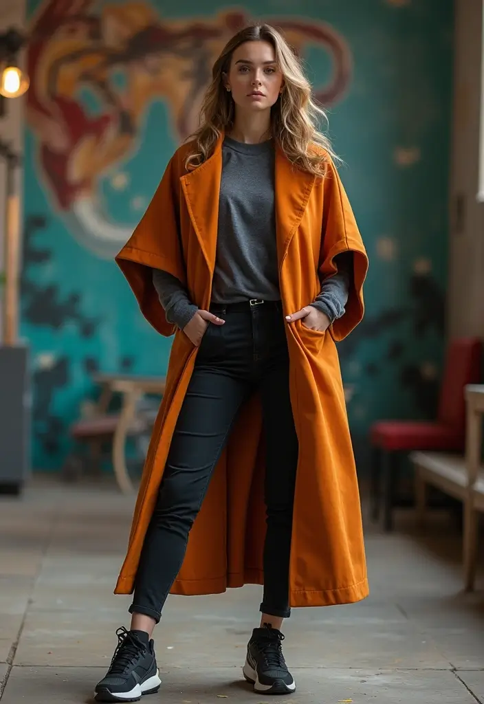 25 Outfit Formal Con Tenis Mujer Looks That Will Upgrade Your Wardrobe - 20. Fashion-Forward Capes with Sneakers