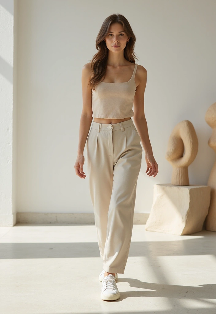 25 Outfit Formal Con Tenis Mujer Looks That Will Upgrade Your Wardrobe - 25. Minimalist Ensembles with Eco-Friendly Sneakers