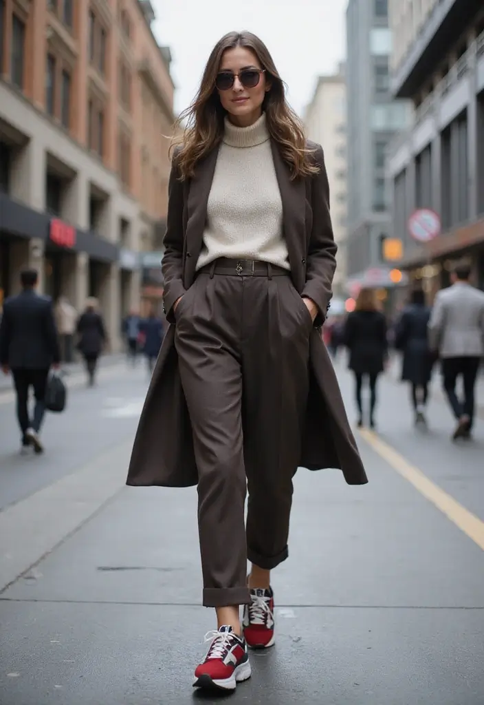 25 Outfit Formal Con Tenis Mujer Looks That Will Upgrade Your Wardrobe - 3. Tailored Pants with Chunky Sneakers
