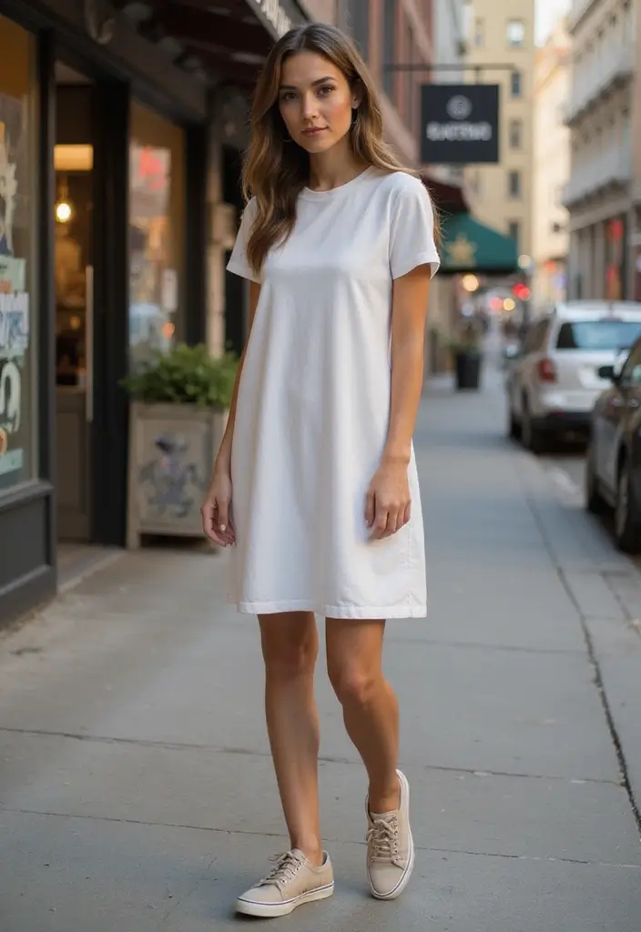 25 Outfit Formal Con Tenis Mujer Looks That Will Upgrade Your Wardrobe - 4. Classic Shift Dress with Low-Top Sneakers