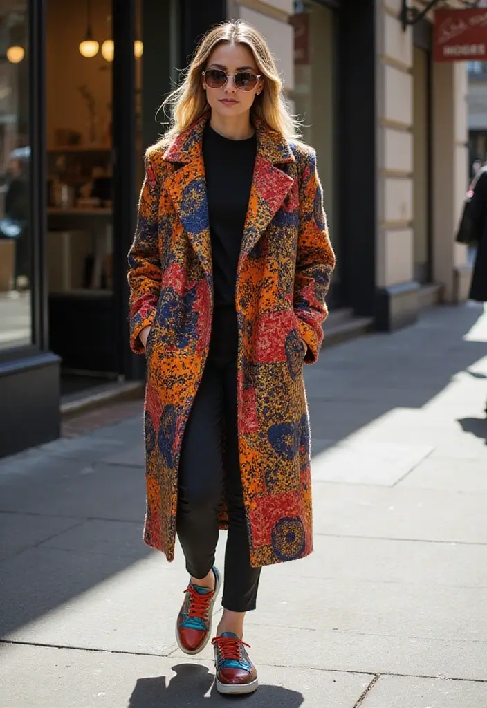 25 Outfit Formal Con Tenis Mujer Looks That Will Upgrade Your Wardrobe - 8. Statement Coats with Fashion Sneakers