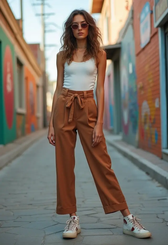 25 Outfit Formal Con Tenis Mujer Looks That Will Upgrade Your Wardrobe - 9. High-Waisted Trousers with Retro Sneakers