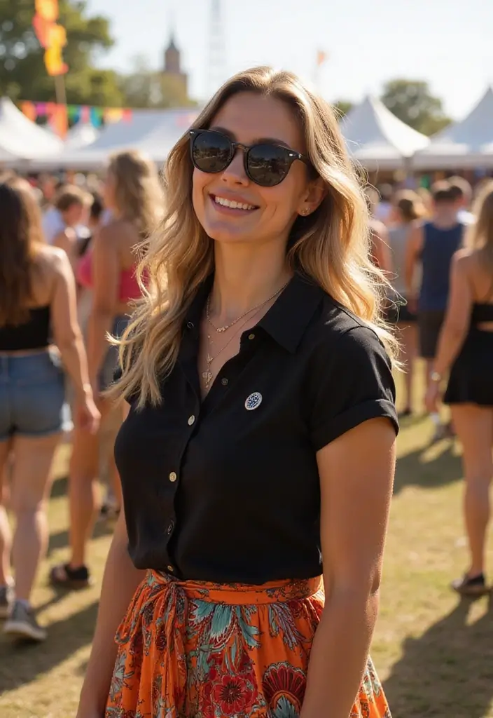 26 Black Polo Shirt Outfit Woman Looks That Will Upgrade Your Wardrobe - 14. Bohemian Flair with Maxi Skirt