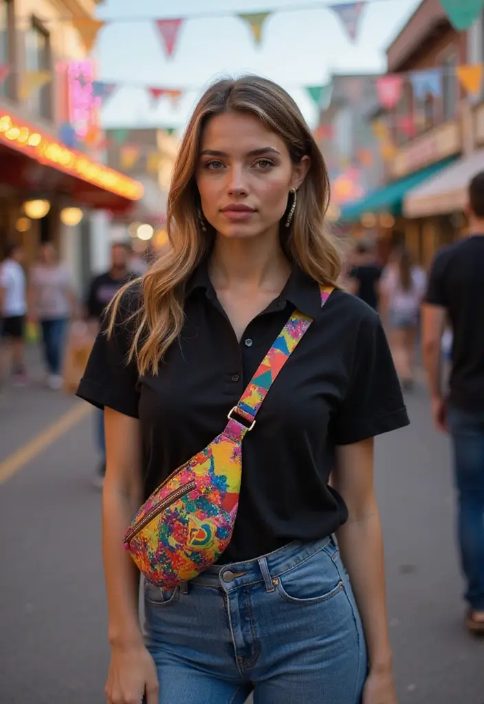 26 Black Polo Shirt Outfit Woman Looks That Will Upgrade Your Wardrobe - 22. Trendy with a Fanny Pack