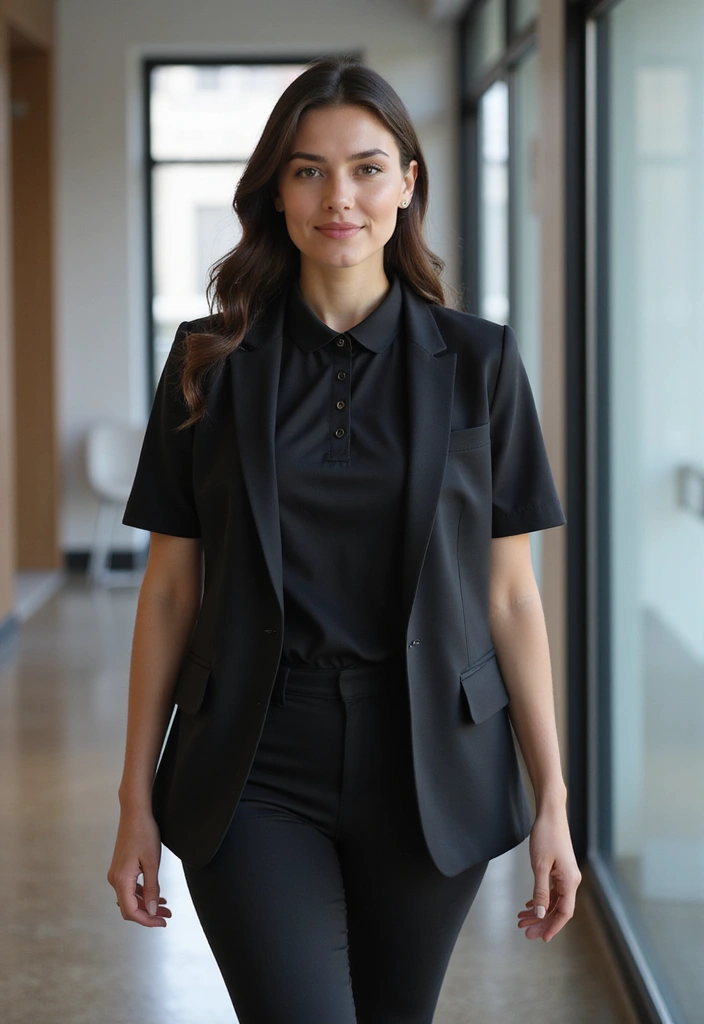 26 Black Polo Shirt Outfit Woman Looks That Will Upgrade Your Wardrobe - 25. Effortless Elegance with a Blazer