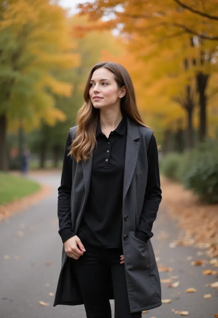 26 Black Polo Shirt Outfit Woman Looks That Will Upgrade Your Wardrobe - 26. Effortless Layers with a Gilet