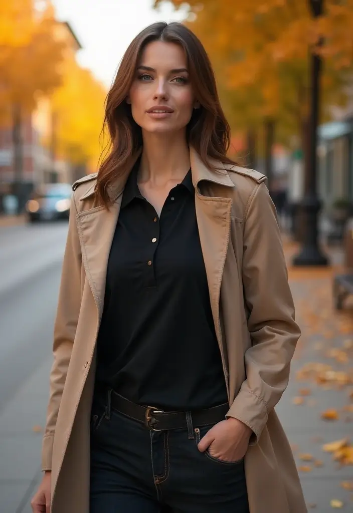26 Black Polo Shirt Outfit Woman Looks That Will Upgrade Your Wardrobe - 3. Layered Look with a Trench Coat