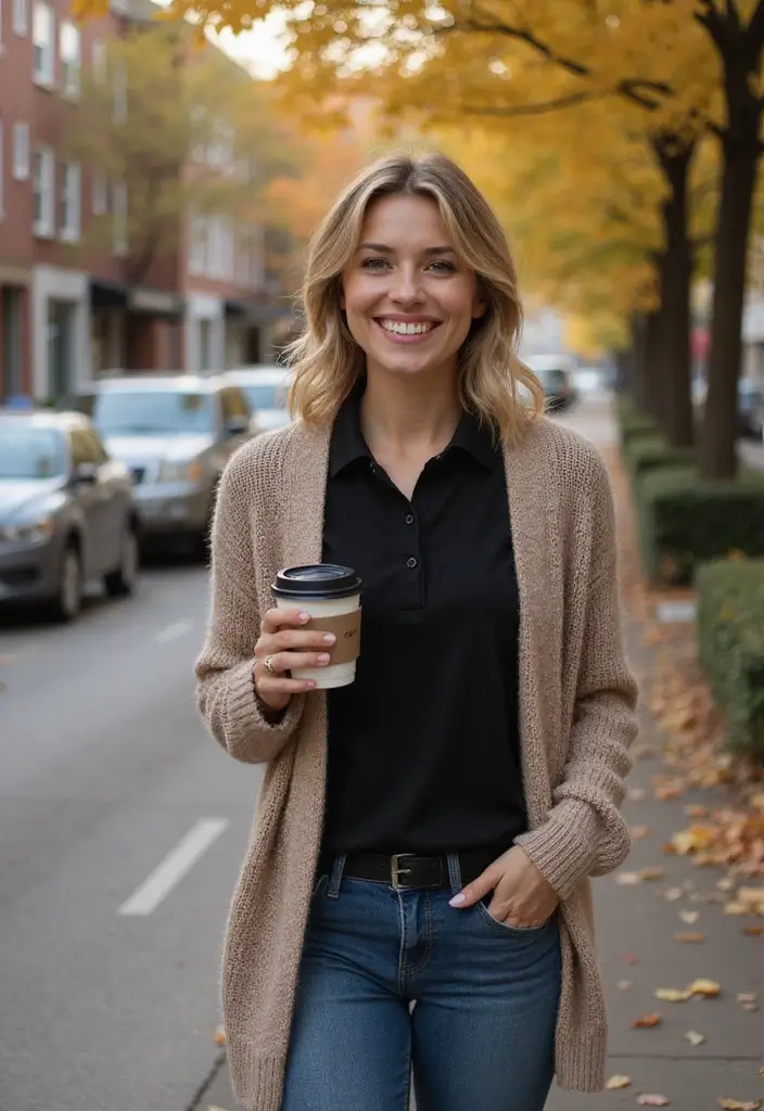 26 Black Polo Shirt Outfit Woman Looks That Will Upgrade Your Wardrobe - 9. Casual Layering with Cardigans