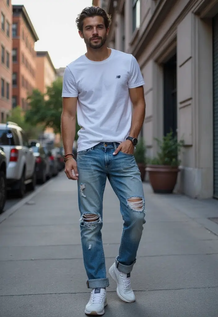 26 Chic New Balance 550 Outfits To Copy Right Now - 13. Ripped Jeans and a Basic Tee