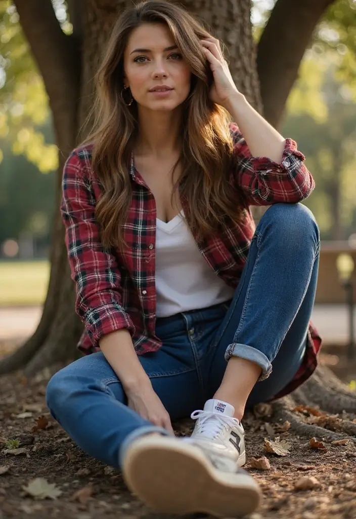 26 Chic New Balance 550 Outfits To Copy Right Now - 24. Cool Layering with Flannel