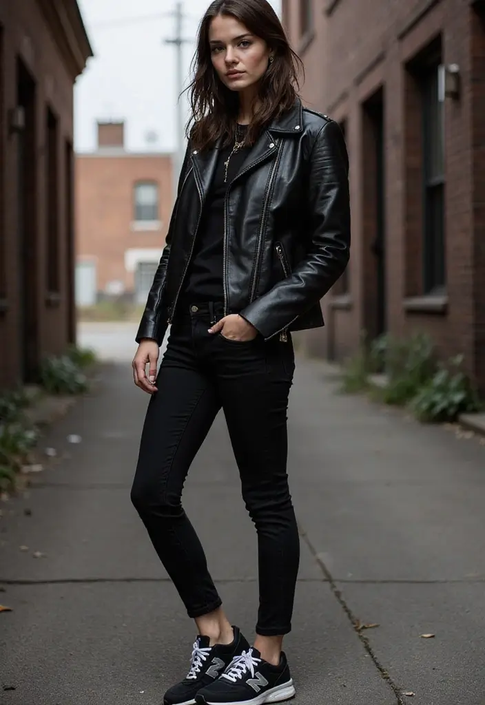 26 Chic New Balance 550 Outfits To Copy Right Now - 7. Edgy Leather Jacket