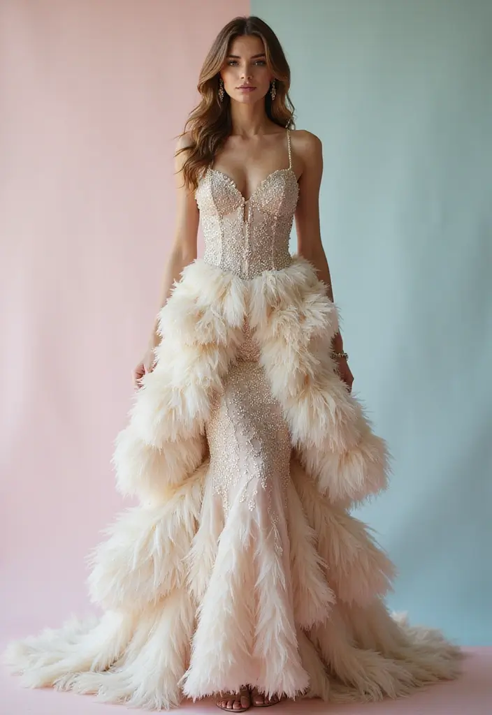 26 Must-Try Great Gatsby Outfit Combos This Season - 6. Feather Embellished Gown