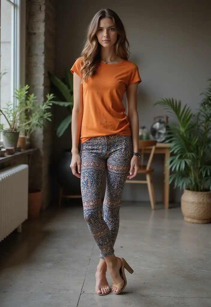 26 Trendy Outfit With Leggings To Refresh Your Closet - 14. Printed Leggings with a Solid Top