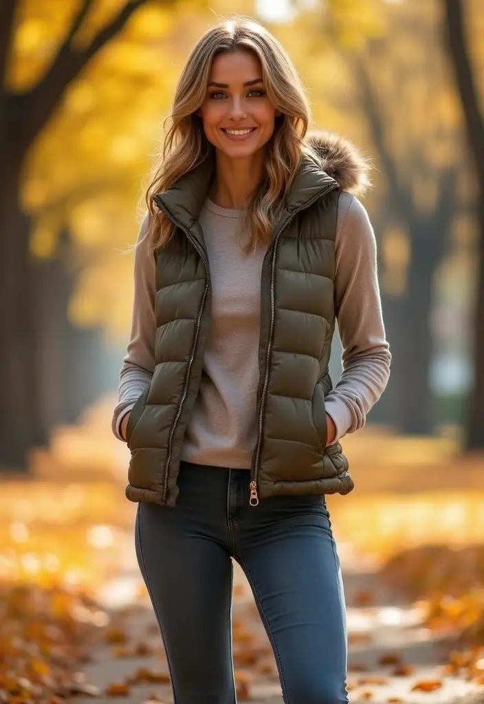 26 Trendy Outfit With Leggings To Refresh Your Closet - 19. Contrast Layers with a Puffer Vest