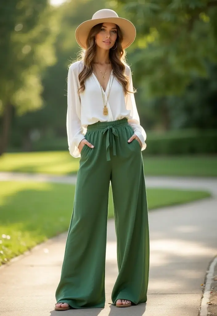 26 Trendy Pantalones Verdes Outfit Mujer To Refresh Your Closet - 1. Bohemian Vibes with Flowy Green Pants