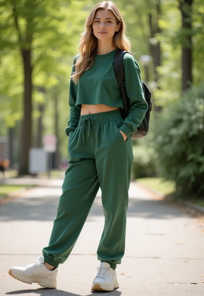 26 Trendy Pantalones Verdes Outfit Mujer To Refresh Your Closet - 13. Sporty Cropped Sweatshirt Look