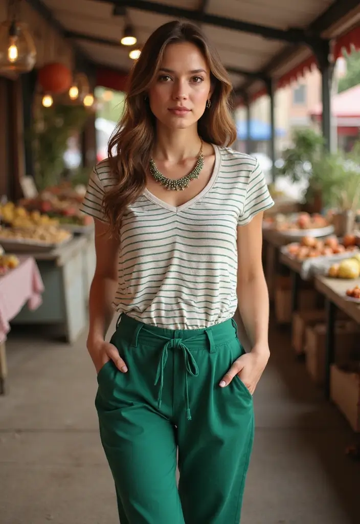 26 Trendy Pantalones Verdes Outfit Mujer To Refresh Your Closet - 14. Classic Striped Top and Green Pants