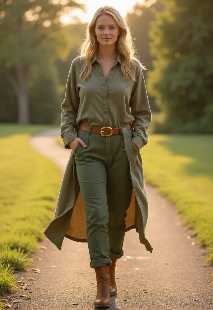 26 Trendy Pantalones Verdes Outfit Mujer To Refresh Your Closet - 25. Effortless Layering with a Tunic