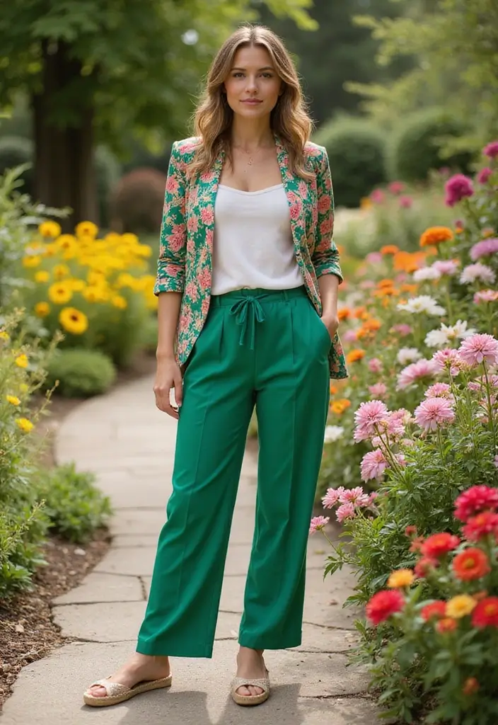 26 Trendy Pantalones Verdes Outfit Mujer To Refresh Your Closet - 3. Brighten Up with a Floral Blazer