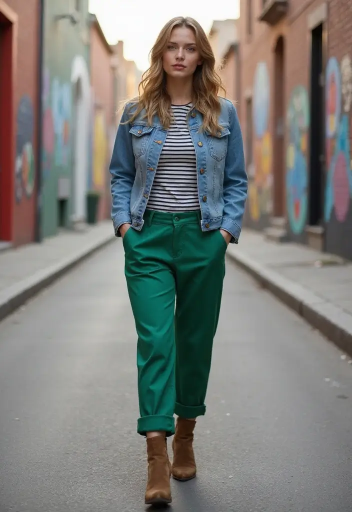 26 Trendy Pantalones Verdes Outfit Mujer To Refresh Your Closet - 6. Casual Chic with Denim Jacket