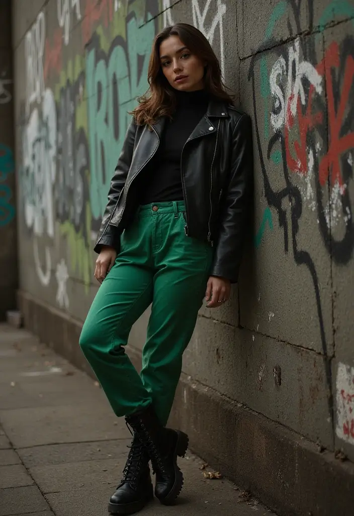 26 Trendy Pantalones Verdes Outfit Mujer To Refresh Your Closet - 8. Edgy Style with Leather Jacket