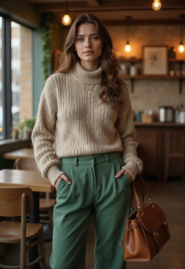 26 Trendy Pantalones Verdes Outfit Mujer To Refresh Your Closet - 9. Vintage Touch with a Knitted Sweater