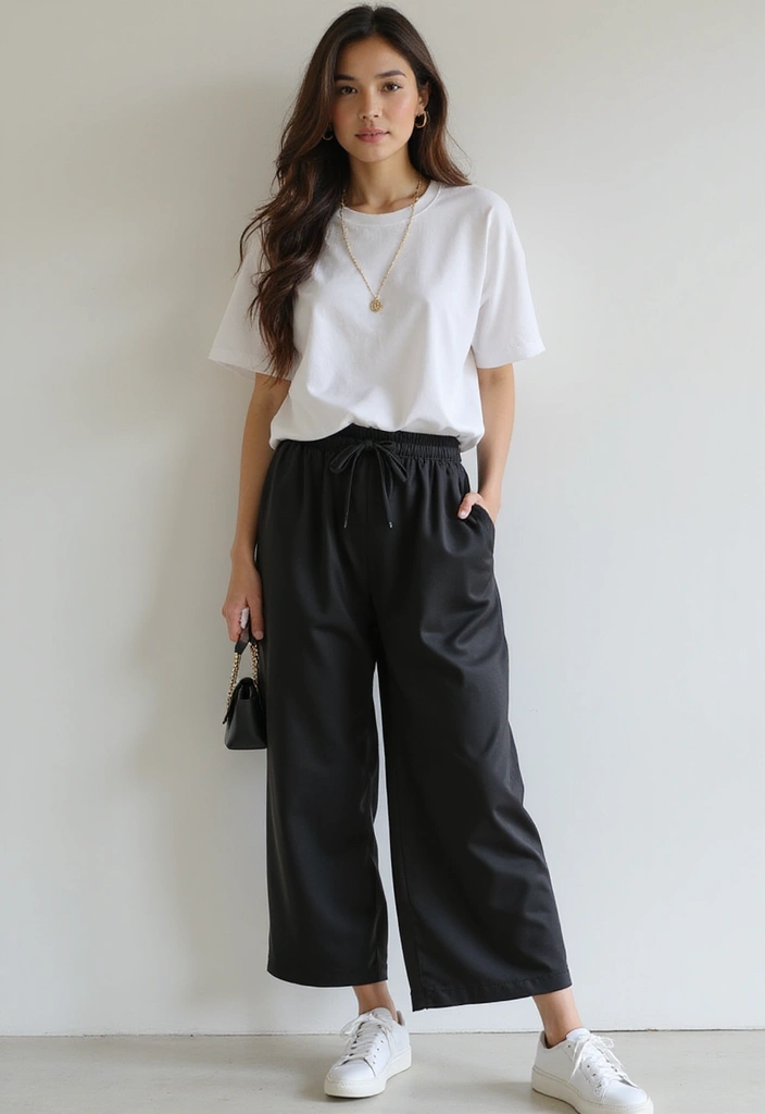 27 Black Satin Pants Outfit That Flatter Every Figure - 1. The Classic White Tee and Satin Pants Combo