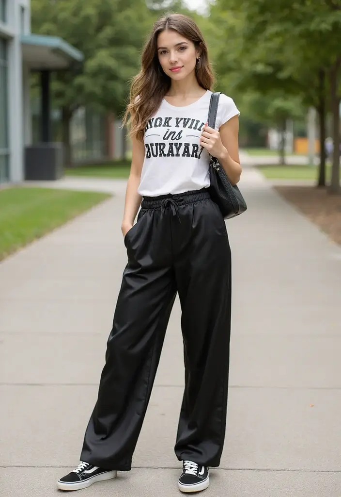 27 Black Satin Pants Outfit That Flatter Every Figure - 14. Graphic Tee for a Casual Edge
