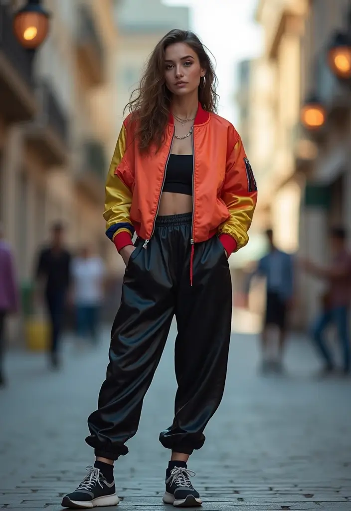 27 Black Satin Pants Outfit That Flatter Every Figure - 16. Colorful Bomber Jacket