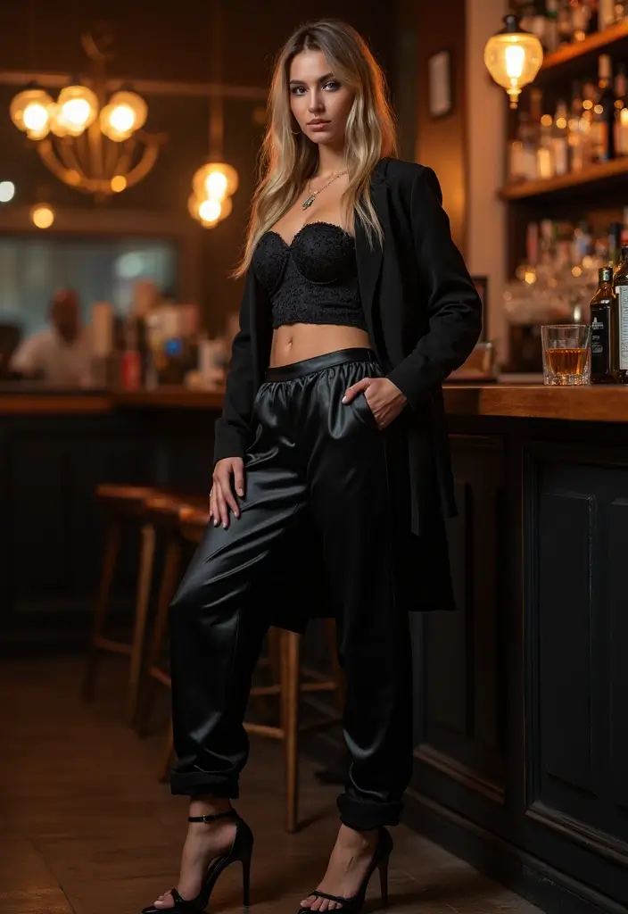 27 Black Satin Pants Outfit That Flatter Every Figure - 17. Combining Textures