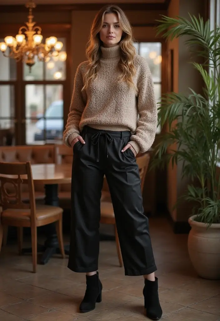 27 Black Satin Pants Outfit That Flatter Every Figure - 18. Trendy Chunky Sweater