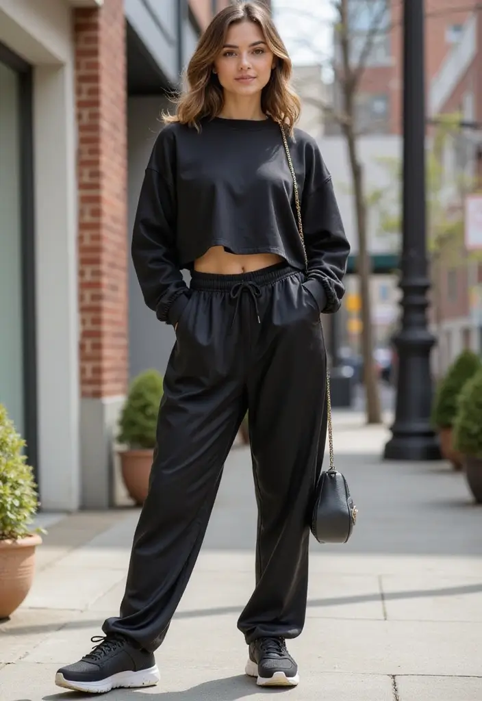 27 Black Satin Pants Outfit That Flatter Every Figure - 22. Athleisure Trend