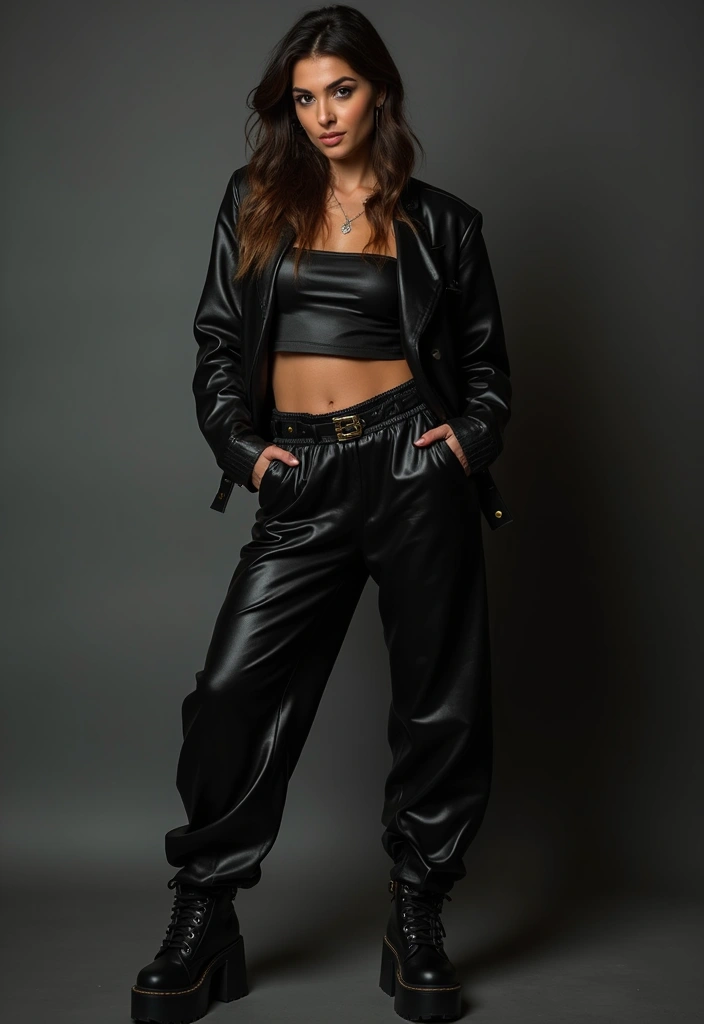 27 Black Satin Pants Outfit That Flatter Every Figure - 25. Edgy Leather Top