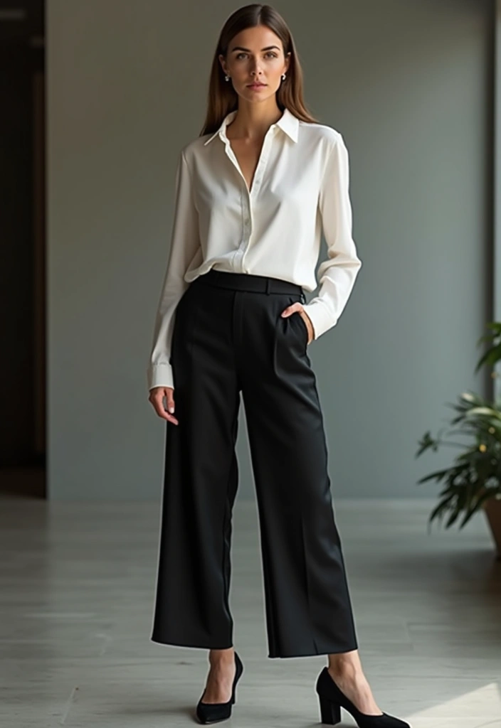 27 Black Satin Pants Outfit That Flatter Every Figure - 27.  Classic Button-Up Shirt
