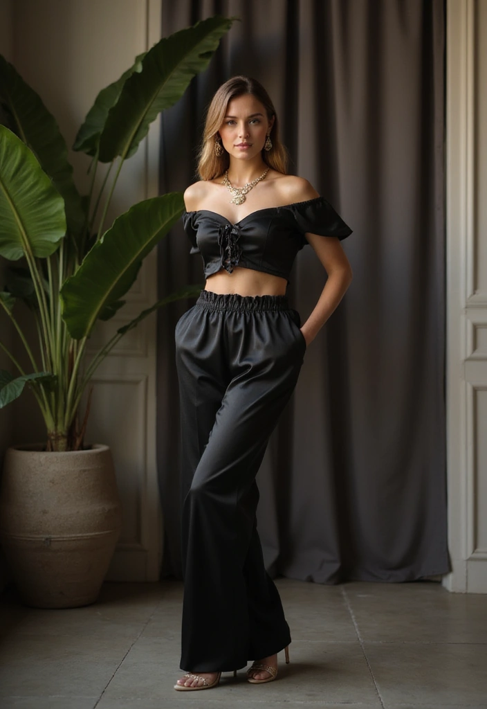 27 Black Satin Pants Outfit That Flatter Every Figure - 3. Chic Off-Shoulder Top