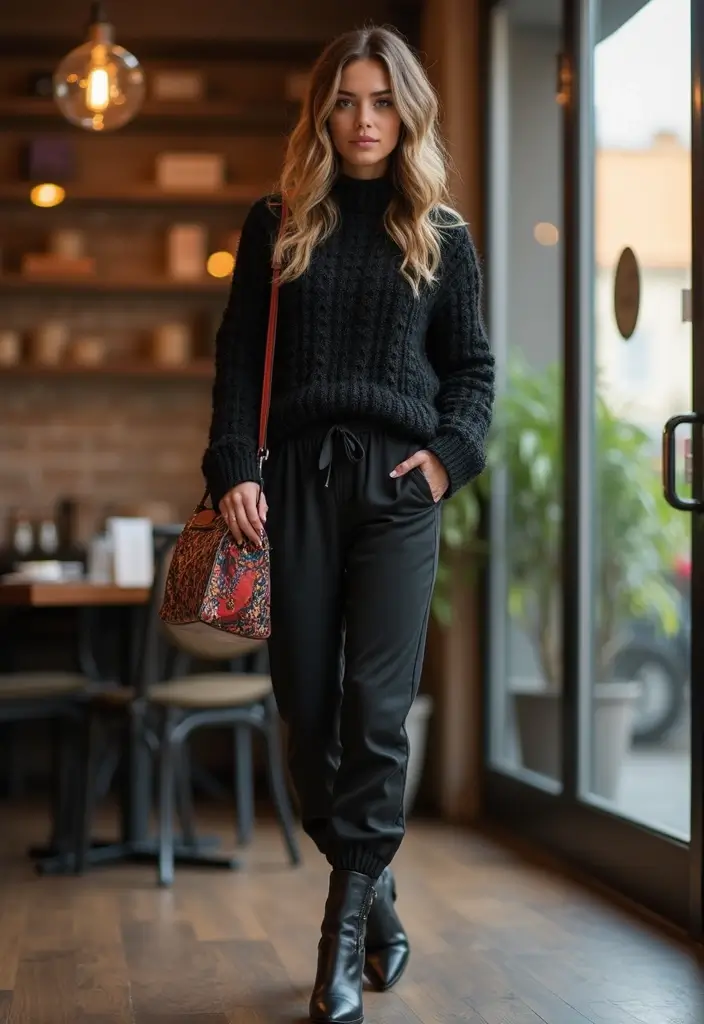 27 Black Satin Pants Outfit That Flatter Every Figure - 4. Cozy Knit Sweater