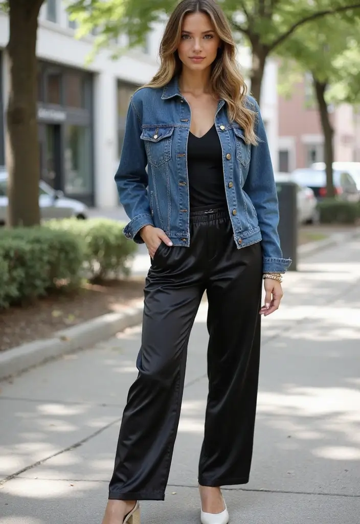 27 Black Satin Pants Outfit That Flatter Every Figure - 5. Layer with a Denim Jacket