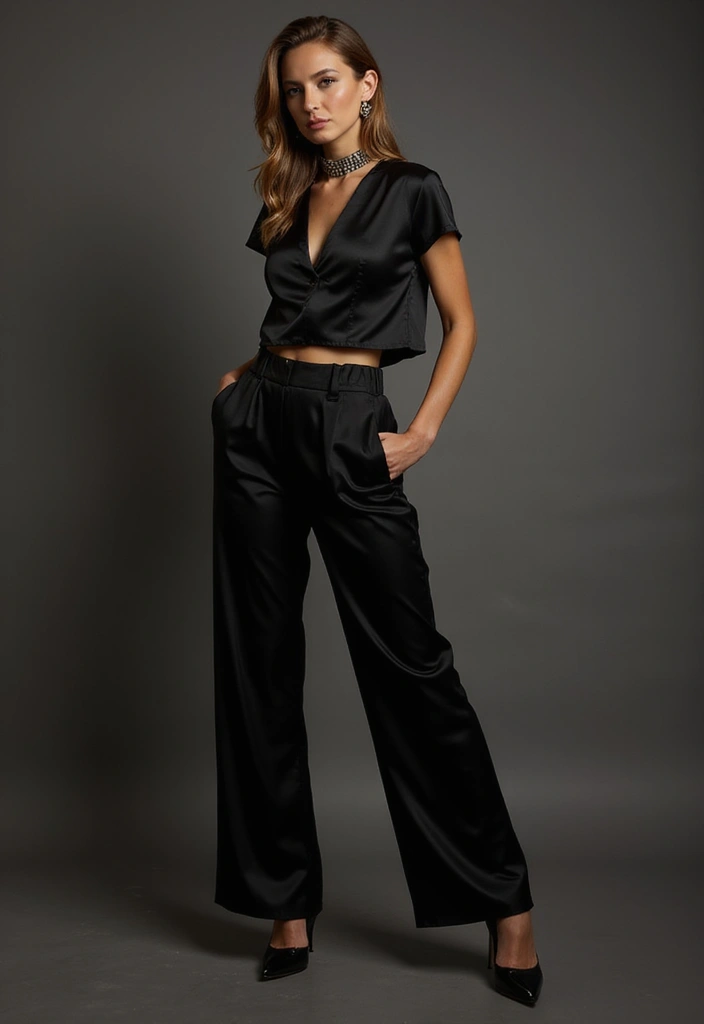 27 Black Satin Pants Outfit That Flatter Every Figure - 6. Monochrome Magic