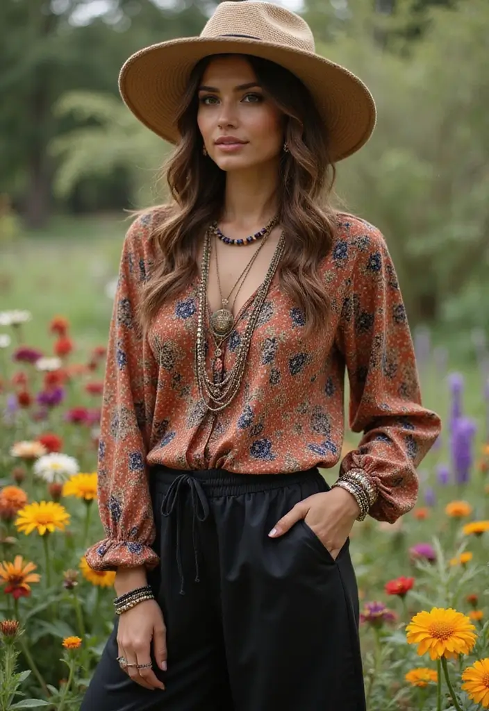 27 Black Satin Pants Outfit That Flatter Every Figure - 7. Bohemian Vibes with a Flowing Top