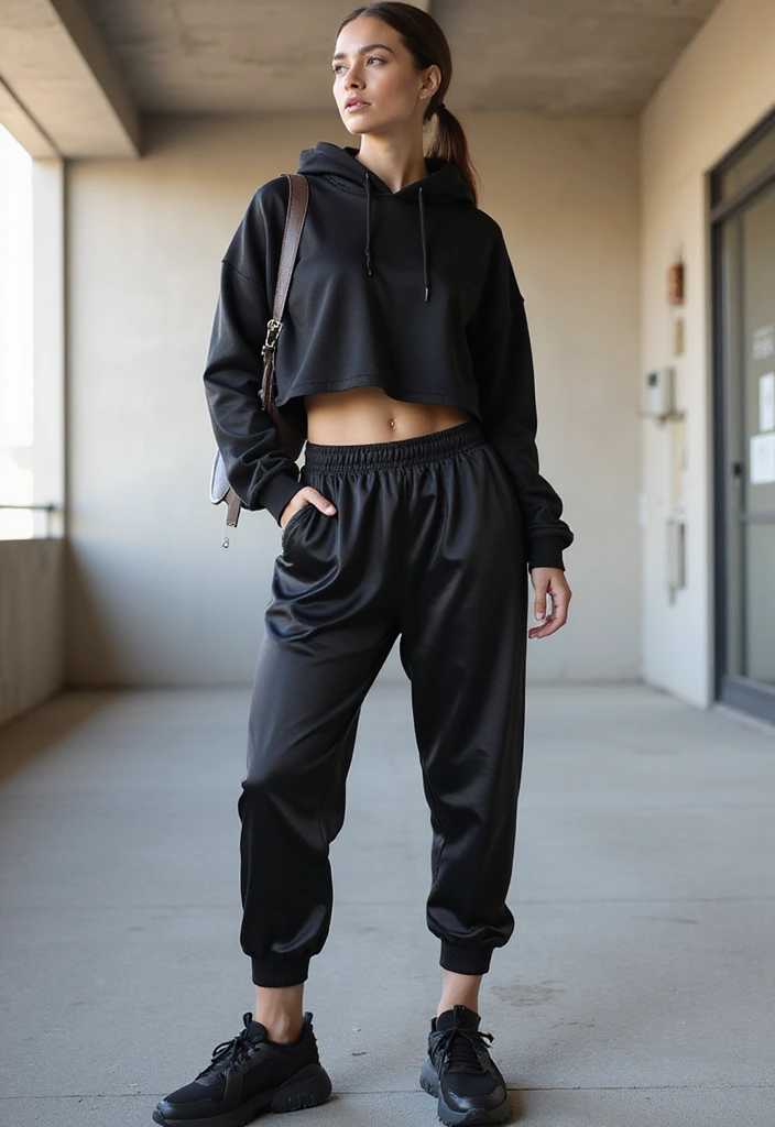 27 Black Satin Pants Outfit That Flatter Every Figure - 9. Sporty Chic with a Hoodie