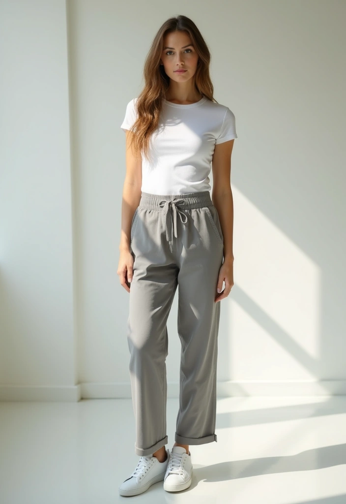 27 Chic Grey Pants Outfit To Copy Right Now - 1. Classic White Tee and Grey Trousers