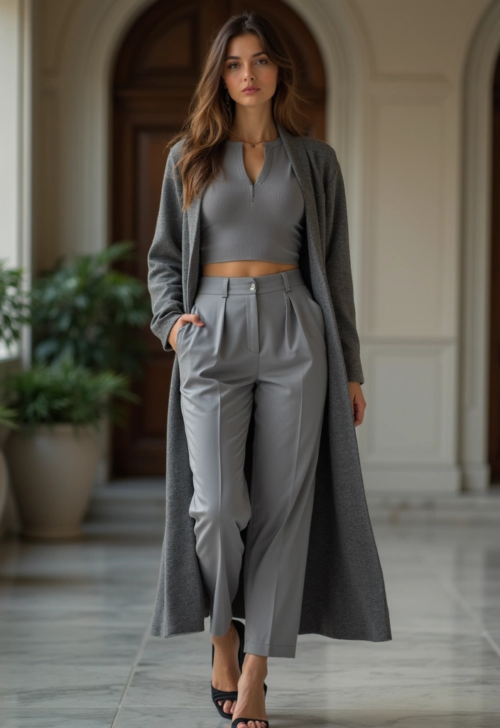 27 Chic Grey Pants Outfit To Copy Right Now - 10. Chic Layering with Grey Culottes
