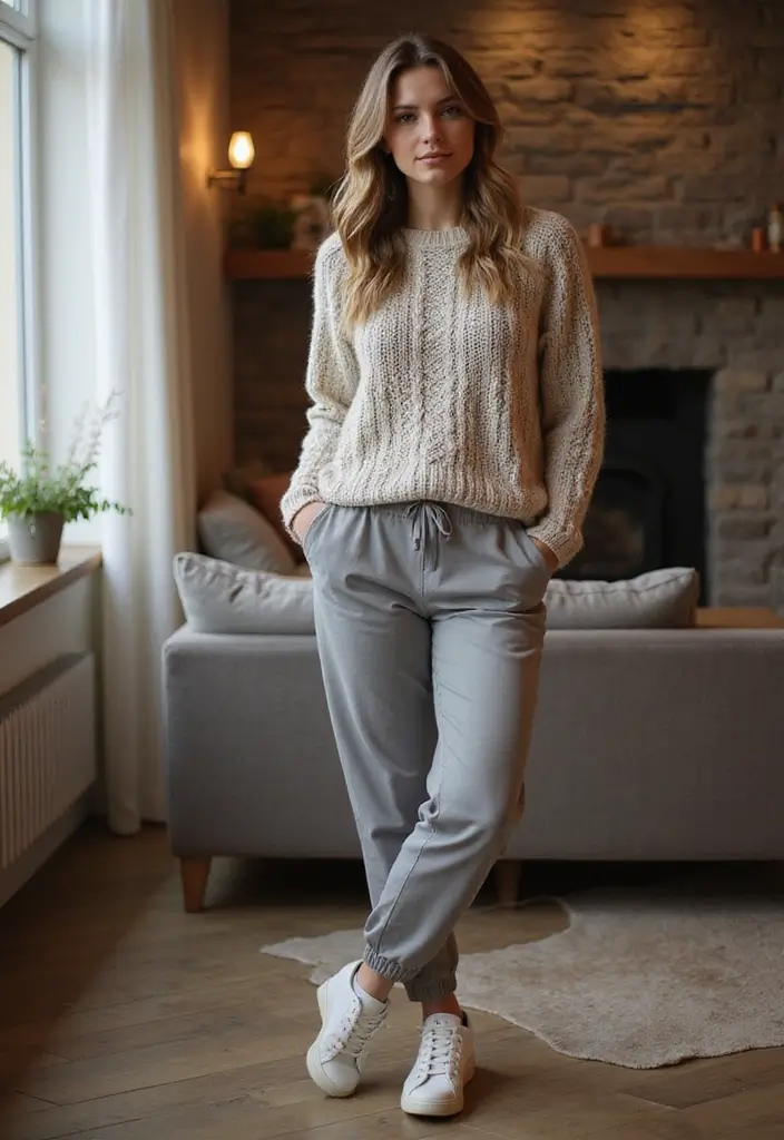 27 Chic Grey Pants Outfit To Copy Right Now - 13. Knit Sweater and Grey Pull-On Pants